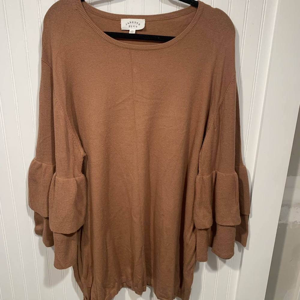 3X Brown Ruffle Sleeve Sweater